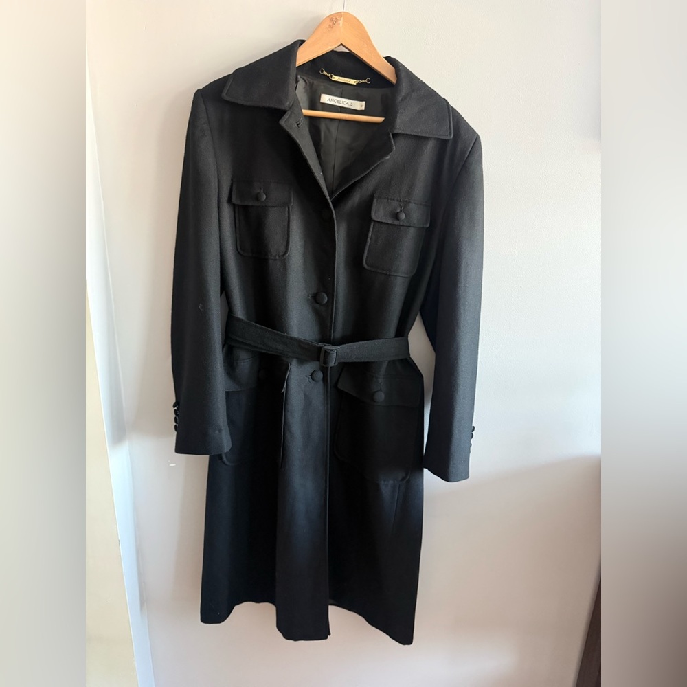 ANGELICA L Black Wool Blend Belted Long Coat Size 12 Classic Tailored